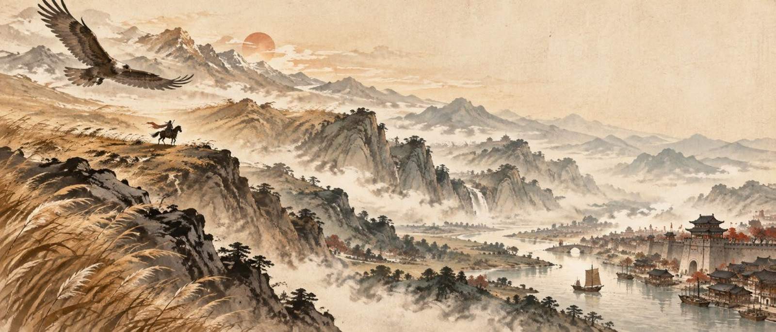 水墨畫：騎士策馬於懸崖，鷹飛長空，遠山古城浴在夕照中